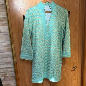 NWOT Cabana Life Aqua and Gold Printed Midi Dress